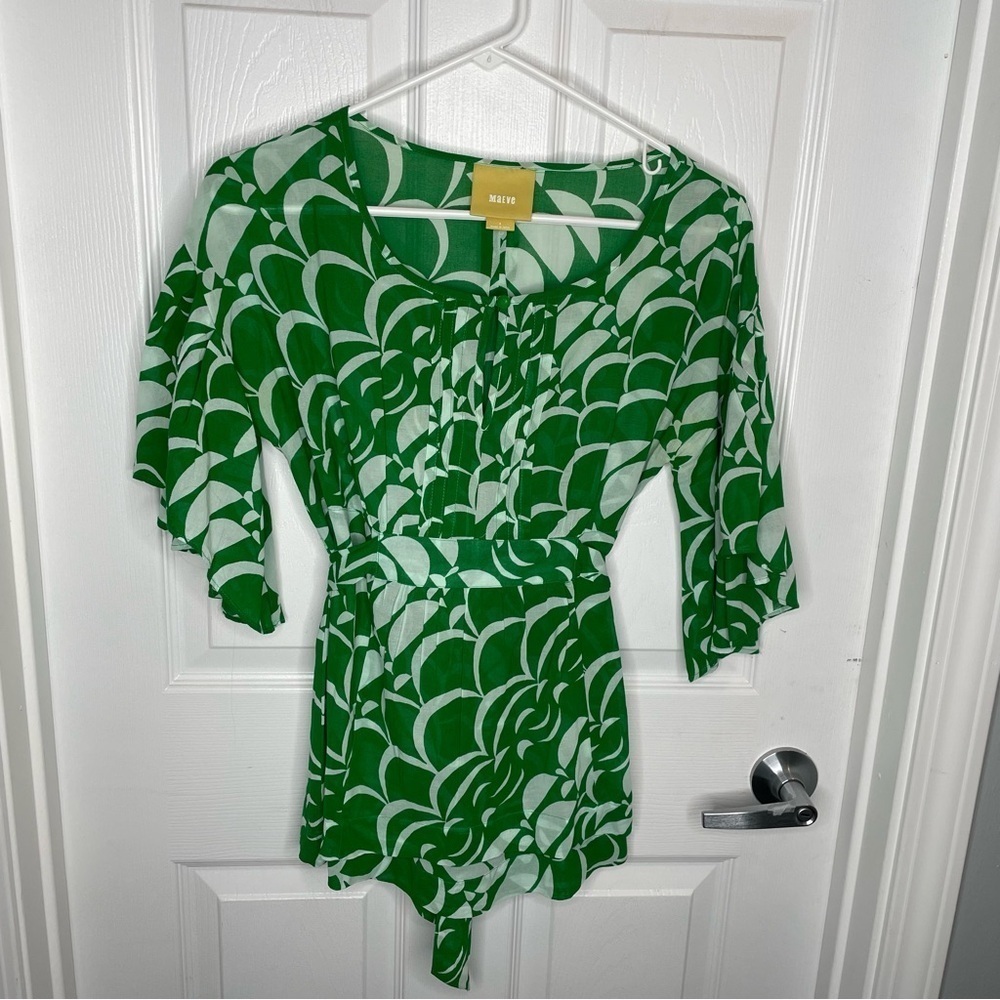 Maeve Green and White Pleated Front Flutter Sleeve Blouse Retro Geometric 4